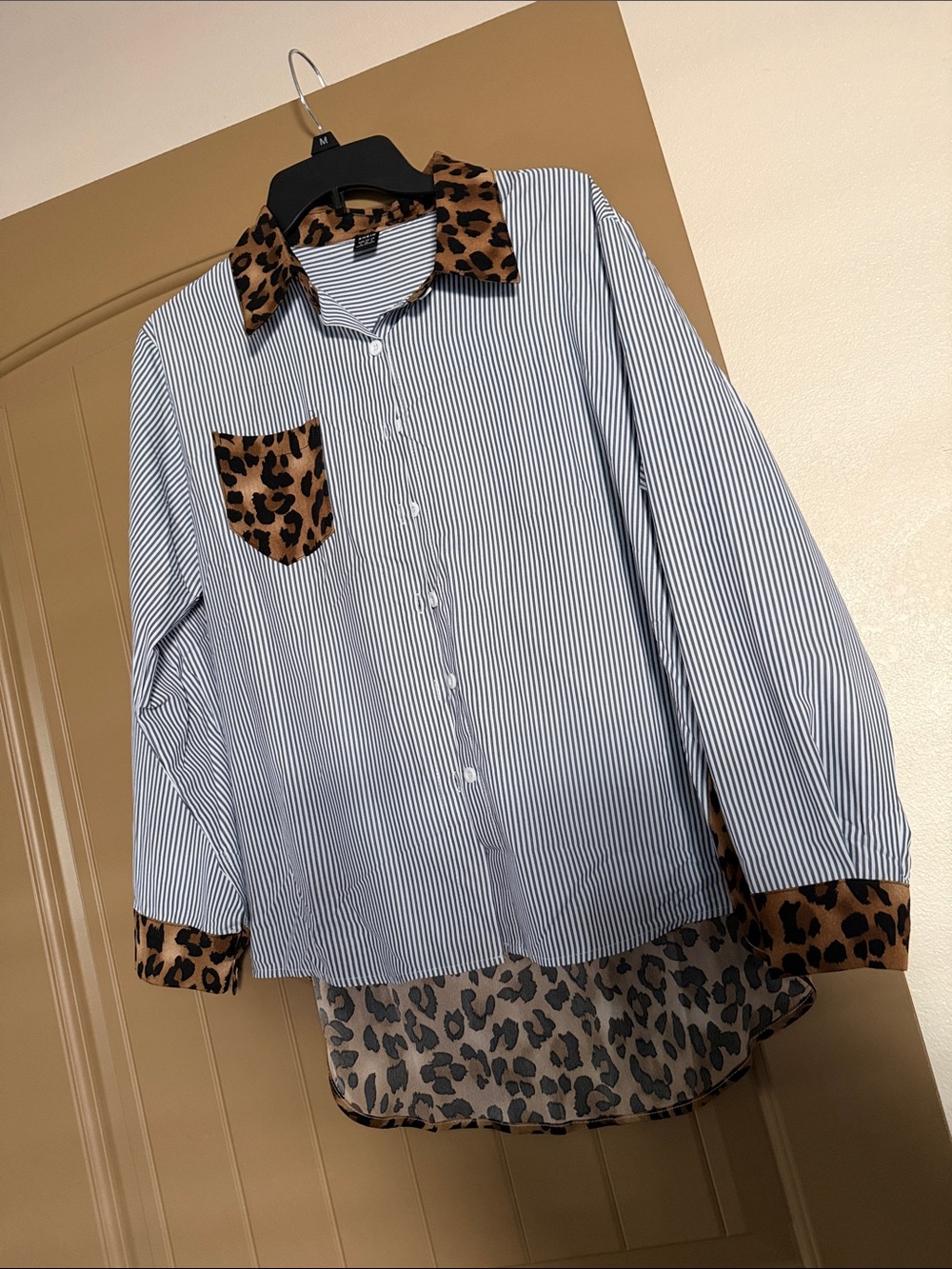 SHEIN Black & White Striped Button-Up Shirt with Leopard Trim